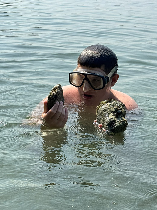 A teenage boy holds rocks encrusted with small mussels while standing in a lake. The boy is intently looking at the mussels through a pair of scuba goggles